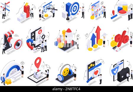 Business growth strategy isometric set of isolated compositions with ...