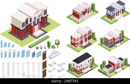 Classic architecture isometric set of isolated houses with neighborhoods and constructor elements columns doors and windows vector illustration Stock Vector