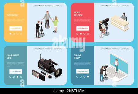 News media isometric banner set with journalist interview scenes isolated vector illustration Stock Vector