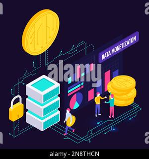 Data economy isometric composition with human characters icons of servers with connections to stack of coins vector illustration Stock Vector