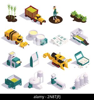 Sugar production isometric set of equipment for harvesting and processing cane and beet sugar isolated vector illustration Stock Vector