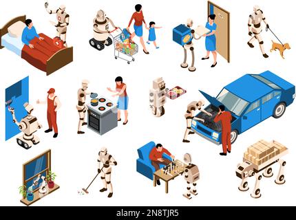 Isometric robot assistant color set machine that helps people in the kitchen in life walking the dog playing with people vector illustration Stock Vector