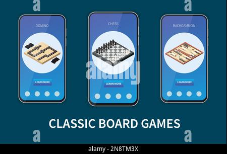 Indoor and table gaming isometric set with classic board game mobile application templates isolated vector illustration Stock Vector