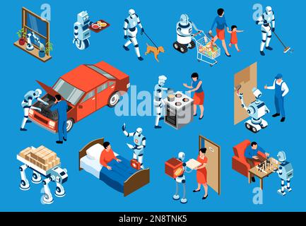 Isometric robot assistant set robots help humans in daily routine tasks and in specific complex work vector illustration Stock Vector