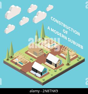 Modern suburb construction isometric concept with modular frame building vector illustration Stock Vector