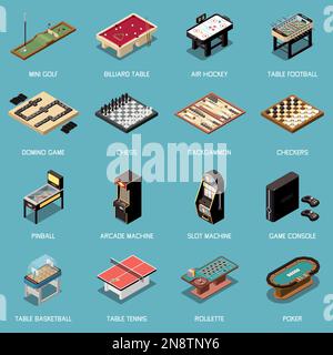 Indoor arcade machines and table games isometric icons set isolated vector illustration Stock Vector