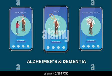 Dementia and Alzheimer isometric concept set with disease control mobile app templates isolated vector illustration Stock Vector