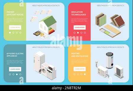 Energy efficient house isometric banner set with electric appliances and sustainable technologies isolated vector illustration Stock Vector