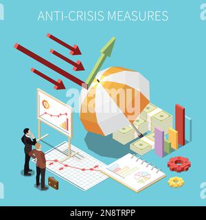 Anti-crisis measures isometric concept with business management and company financial protection symbols vector illustration Stock Vector