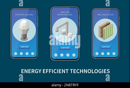 Energy efficient house isometric set with smart home control mobile app templates isolated vector illustration Stock Vector