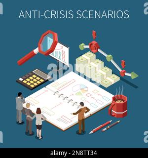 Anti-crisis scenarious isometric concept with company management trying to solve business problems vector illustration Stock Vector