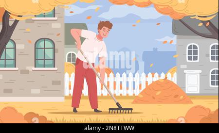 Grass mowing cartoon poster with male in autumn backyard raking leaves vector illustration Stock Vector