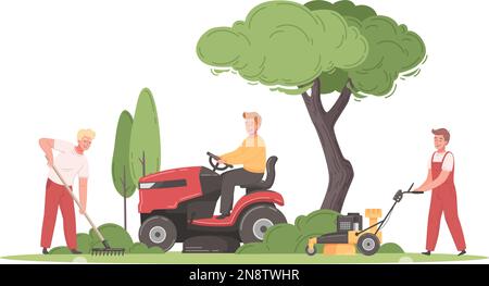 Lawn mowing cartoon with male workers cutting grass using different machines vector illustration Stock Vector