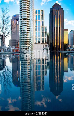 A vertical shot of residential buildings reflecting on a pool in downtown Dallas, USA Stock Photo