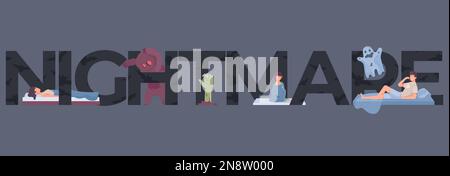Flat horizontal text banner with nightmares and sleeping people on grey background vector illustration Stock Vector