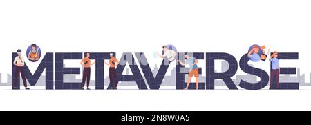 Horizontal metaverse text banner with men and woman using virtual reality headsets vector illustration Stock Vector