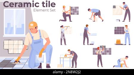 Workers laying ceramic tile floors and walls flat elements set isolated vector illustration Stock Vector