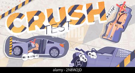 Crash text flat collage with dummies in seats of crashed cars vector illustration Stock Vector
