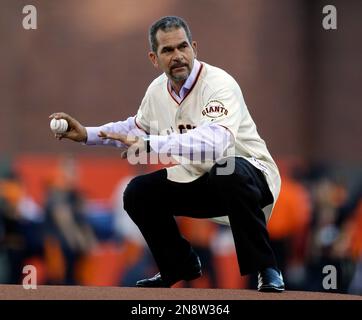 Former San Francisco Giants catcher Benito Santiago throws out the first  pitch during Game 2 of the National League Championship Series on Monday,  October 15, 2012, at AT&T Park in San Francisco