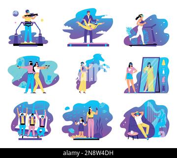 Virtual reality color set of people connected to virtual space by augmented reality glasses isolated vector illustration Stock Vector