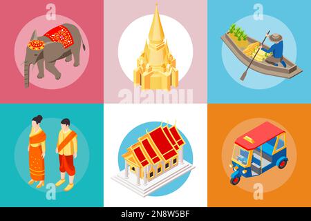 Thai travel set with isolated round compositions of isometric traditional people animals vehicles temple and elephant vector illustration Stock Vector