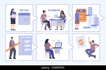 Tax people flat infographics with square conceptual compositions of human characters paying taxes at different stages vector illustration Stock Vector