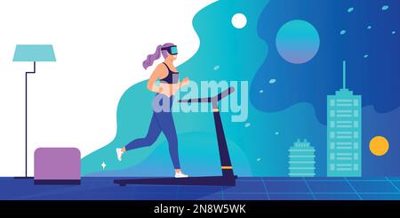 Augmented reality background with girl in VR glasses connected to virtual space flat vector illustration Stock Vector