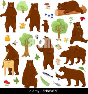 Grizzly bears flat set with isolated images of forest and cartoon style bears behaving like humans vector illustration Stock Vector