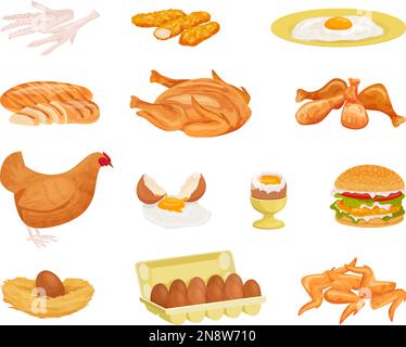 Chicken products flat set of isolated icons with hen and eggs with products ready to eat vector illustration Stock Vector