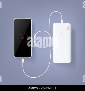 Smartphone charging with power bank on color background top view realistic composition vector illustration Stock Vector