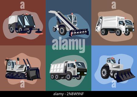 Municipal transport set of flat road cleaning vehicles and trucks on color background isolated vector illustration Stock Vector