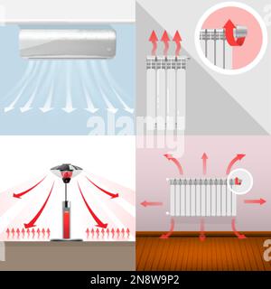 Various house and outdoor heaters with arrows showing air flows flat 2x2 set isolated vector illustration Stock Vector