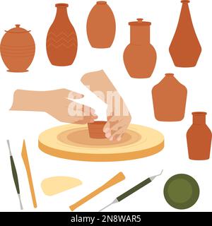 Hands craft flat composition with set of isolated icons with pottery routine tools and handmade products vector illustration Stock Vector