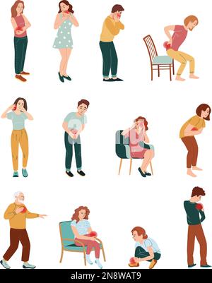 Physical pain and injury flat icon set of isolated human characters having various kinds of pain vector illustration Stock Vector