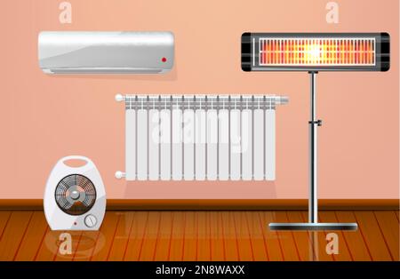 Flat heaters set with radiator electric fan conditioner and infrared heating appliance in room vector illustration Stock Vector