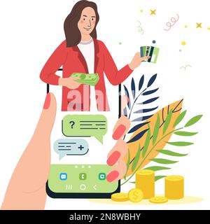 Hands with money flat composition with blank background and female character holding cash cards in smartphone vector illustration Stock Vector