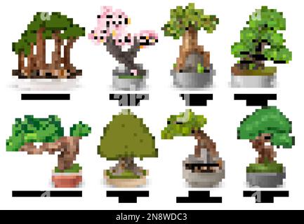 Realistic japanese bonsai trees in flowerpots icons set isolated vector illustration Stock Vector