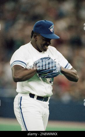 Toronto Blue Jays pitcher Juan Guzman pitches in the first inning against  the Chicago White Sox in Game 5 of the American League playoffs, Oct. 10,  1993 in Toronto. Guzman pitched seven