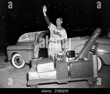 First baseman of the Philadelphia Phillies Eddie Waitkus and Carol Webel of  Albany leave the altar of St. Patrick's Church in Albany, N.Y., Nov. 17,  1951, after their wedding ceremony. (AP Photo