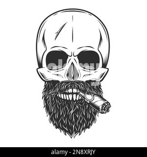 Hipster skull smoking cigar and cigarette with mustache and beard isolated on white background monochrome illustration Stock Vector