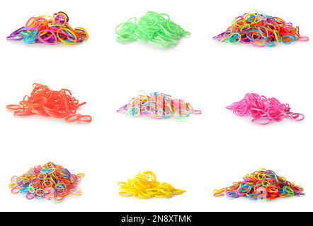 Collage of colorful rubber bands on white background Stock Photo - Alamy