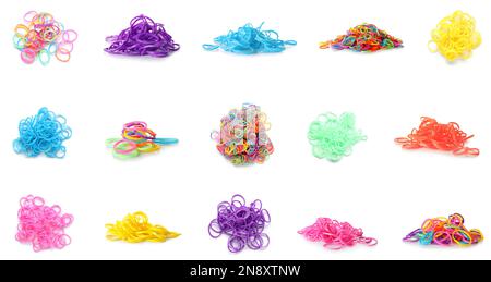 Collage of colorful rubber bands on white background Stock Photo - Alamy