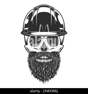 Skull with beard and mustache in the miner or construction hard hat helmet vector illustration Stock Vector