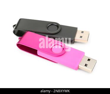 Different USB flash drives on white background Stock Photo