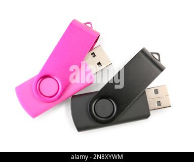 Different USB flash drives on white background Stock Photo