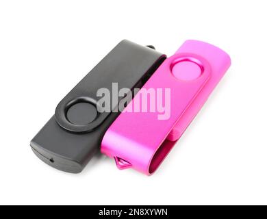 Different USB flash drives on white background Stock Photo