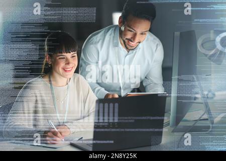 Information technology, overlay and team on laptop for digital marketing, programming and coding. Networking, web design and man and woman working Stock Photo