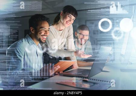 Teamwork, laptop hologram and people success in data analytics, cyber security research and cloud computing. Coding, programming and developer woman Stock Photo