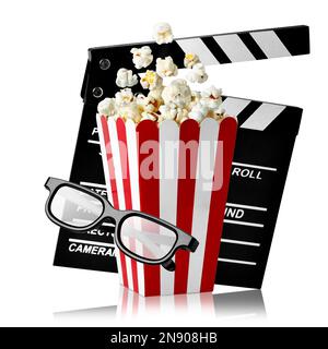 flying popcorn in cardboard striped box with 3d glasses and clapperboard isolated on white Stock Photo