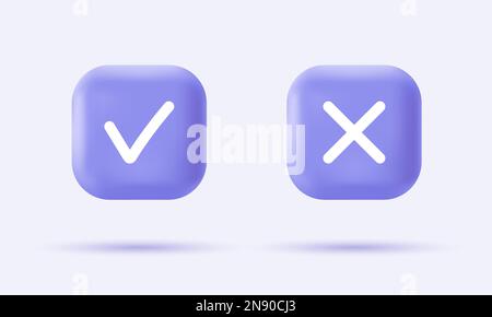 3d check mark and cross mark icon on realistic violet buttons. Yes and no signs. Modern infographic logo and pictogram collection. Vector cartoon Stock Vector